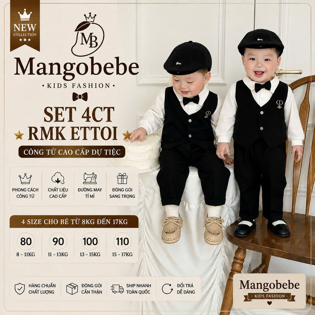 (MANGOBEBE)Set công tử dài 4CT nơ đen thêu ong set rời cho bé trai đi tiệc thôi nôi