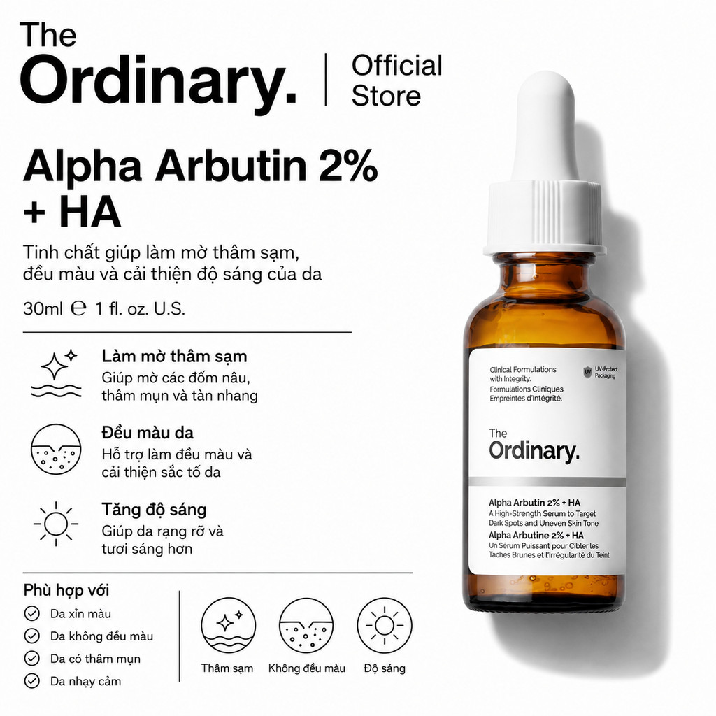 [The Ordinary Official] Alpha Arbutin 2% + HA 30ML/30ML | Giảm thâm nám, dưỡng sáng và làm đều màu d