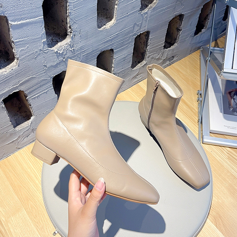 Chunky Heel Ankle Boots, High Heel Stretch Boots, White Square Toe, Fleece-Lined Slim Boots for Wome