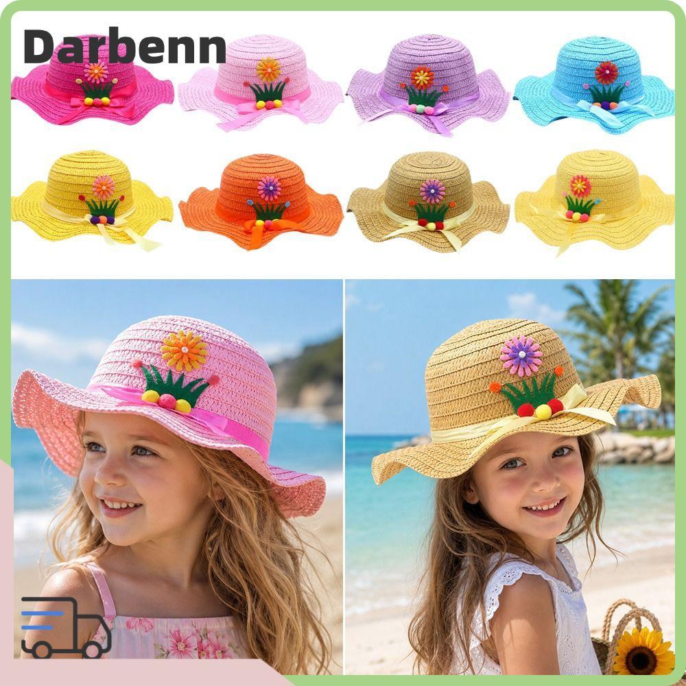 Mũ Rơm DARBEMY, Mũ Chống Nắng Thủ Công Vành Rộng, Trang Trí Hoa Ngọt Ngào Mũ Đi Biển 3-7Year