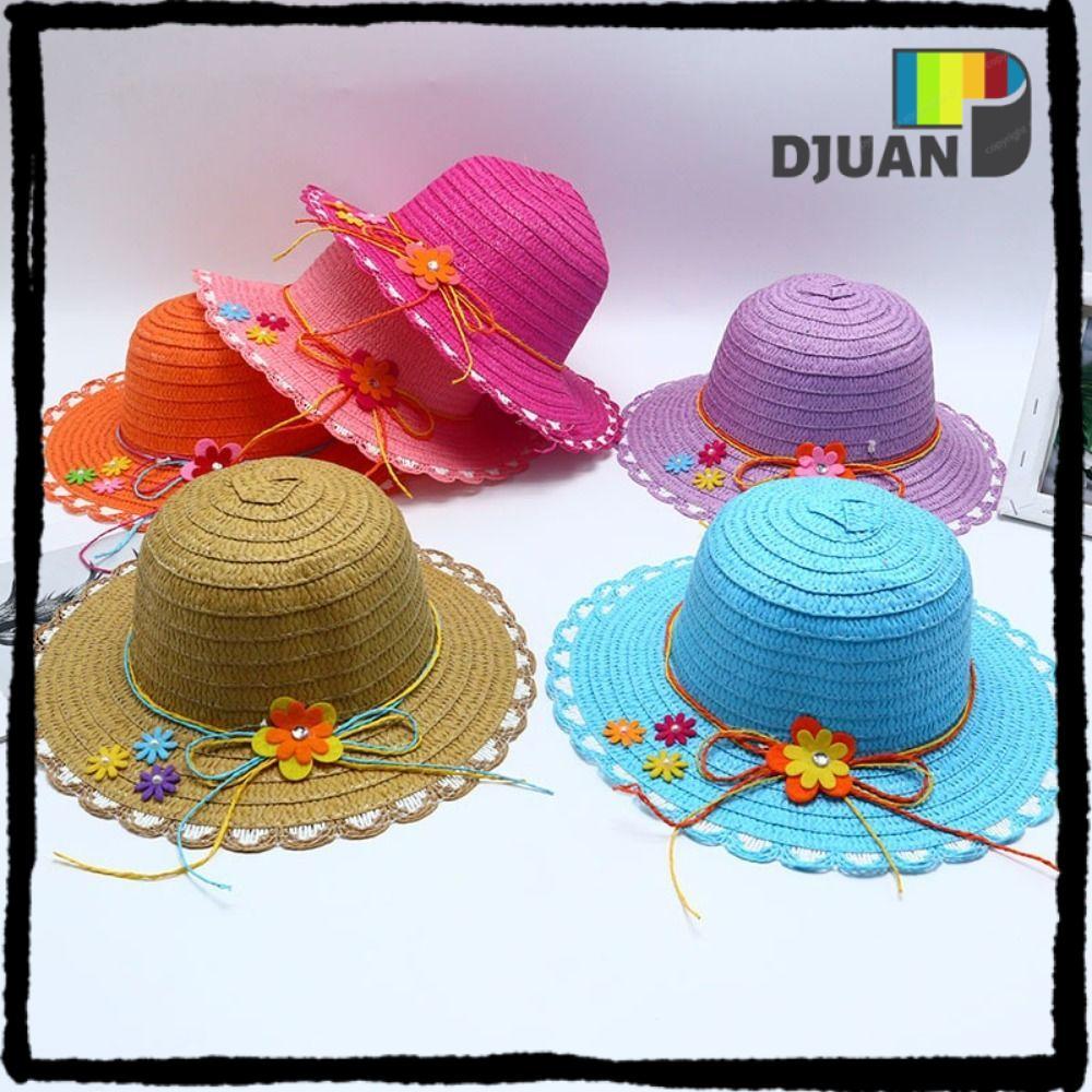 Mũ Rơm DUOJUN, Mũ Chống Nắng Vành Rộng Handmade, Mũ Xô Trang Trí Hoa 3-7Year Ngọt Ngào Du Lịch