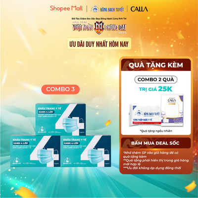 Combo 3 Hộp Khẩu trang Bông Bạch Tuyết 4 lớp xanh (50 cái/hộp)