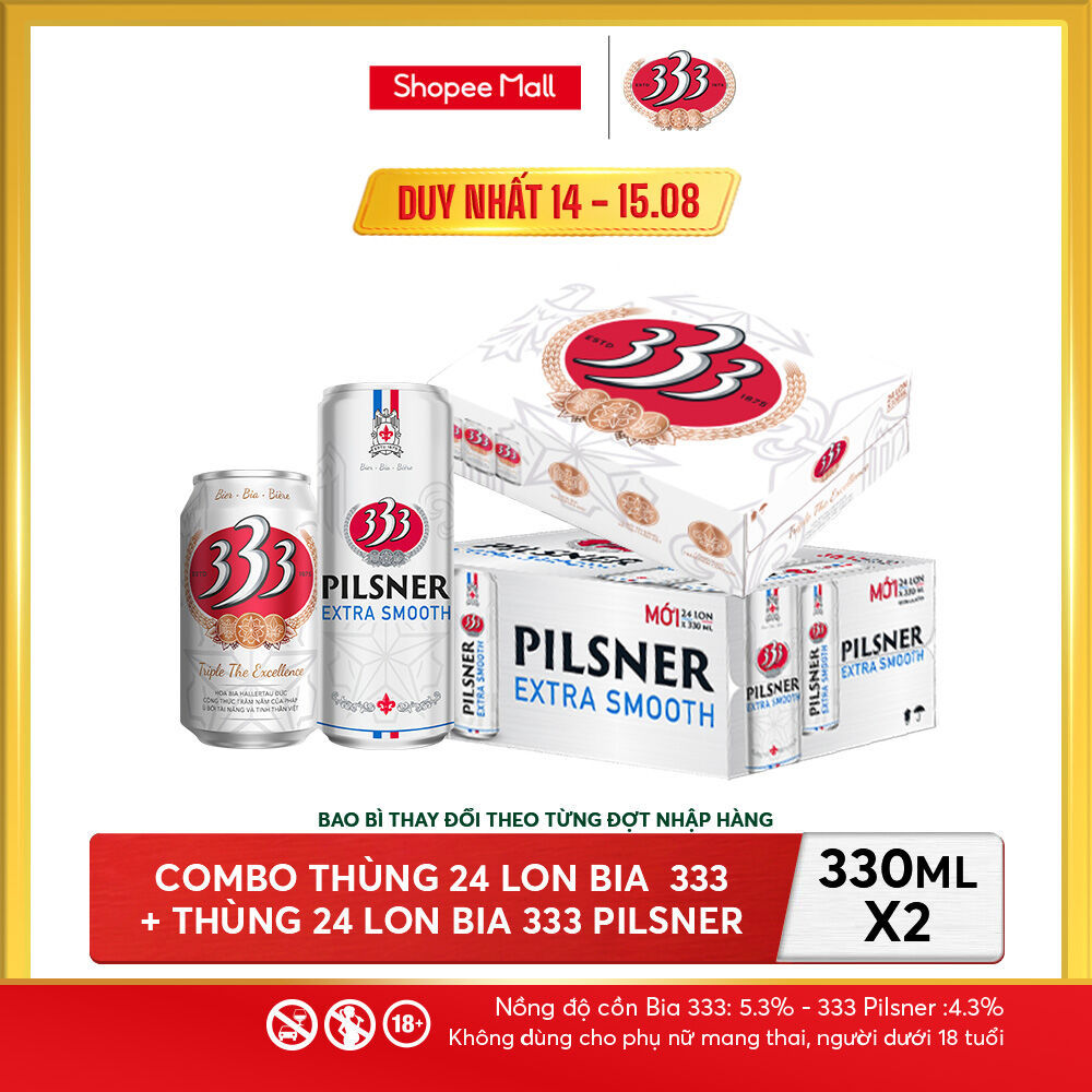 Nồng độ cồn 5.3% - Combo 1 Bia 333 24 Lon 330ml + Nồng Độ Cồn 4.3% - 1 Bia 333 Pilsner 24 Lon 330ml