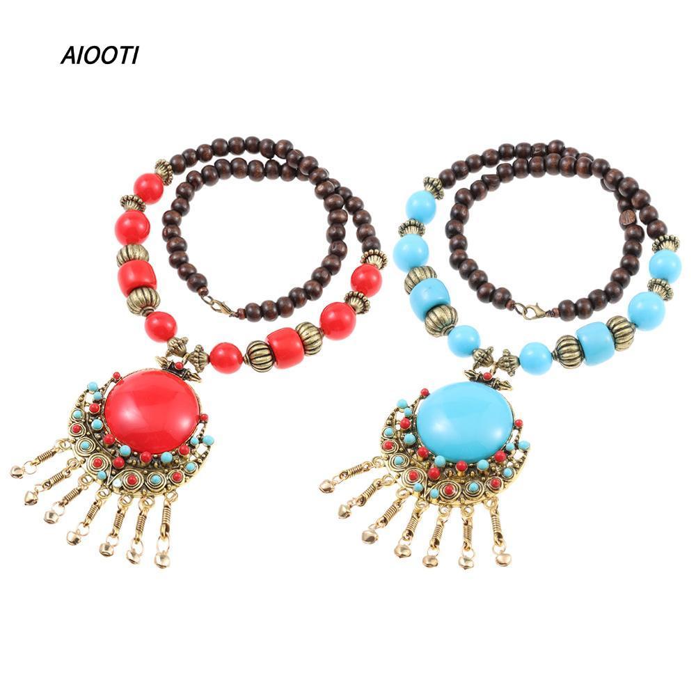 Vòng cổ mặt dây chuyền Bohemian AIOOTI, Vòng cổ Bohemian hợp kim cổ điển, Vòng cổ dài ngọc lam trang