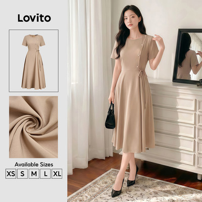 Lovito Đầm thanh lịch có nút phía trước cột dây mùa xuân/hè màu kaki cho nữ L177ED1071