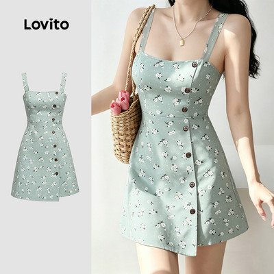 Đầm Lovito phong cách thường ngày có nút mùa xuân/hè màu xanh lá cho nữ LK4AD332