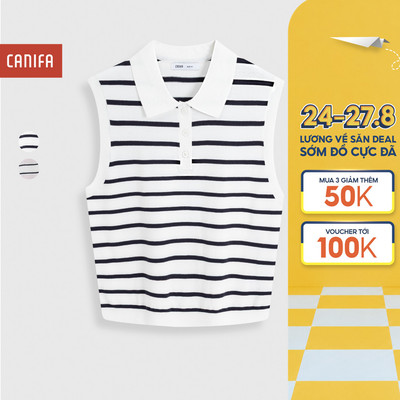 Áo len polo nữ CANIFA cổ bẻ không tay họa tiết kẻ 6TE26S002