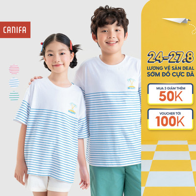 Áo phông unisex trẻ em CANIFA chất cotton USA mềm mát dáng rộng phối kẻ 3TS26S009