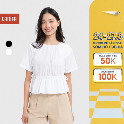 Áo kiểu nữ CANIFA cổ tròn cộc tay dáng ngắn bo eo có dây rút 6TO26S001