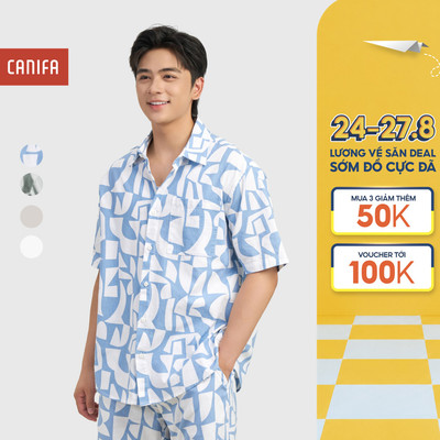 Áo sơ mi nam CANIFA 100% cotton cộc tay cổ bẻ in họa tiết mùa hè đi biển 8TH26S002