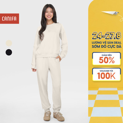 Bộ quần áo thu đông nữ CANIFA áo nỉ dài tay thêu họa tiết quần dài form rộng chất nỉ dày dặn 6ST25W002