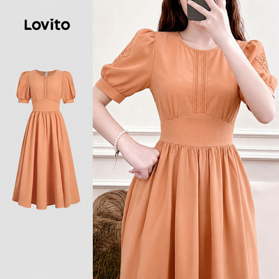 (New Arrival) Lovito Đầm thường ngày xếp ly ren màu cam san hô cho nữ LK7ED592