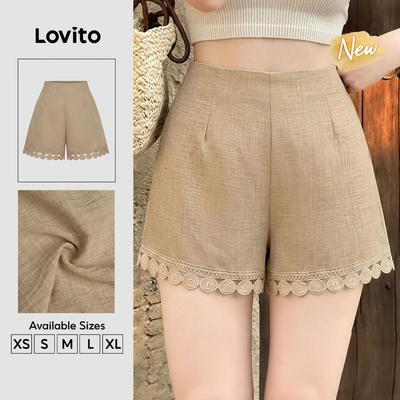 (New Arrival) Lovito Quần short nữ Boho ren phối vải phong cách xuân/hè màu kaki STK8P2D827