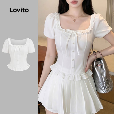 Áo Lovito phong cách thường ngày ren có nút cột dây mùa xuân/hè màu trắng cho nữ LK4ED822