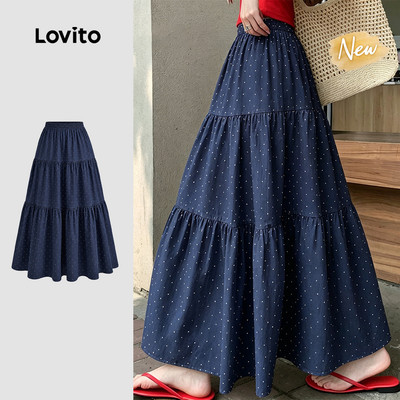 (New Arrival) Lovito Chân váy thường ngày họa tiết giải trí mùa xuân/hè màu xanh dương đậm cho nữ SKK8TD277