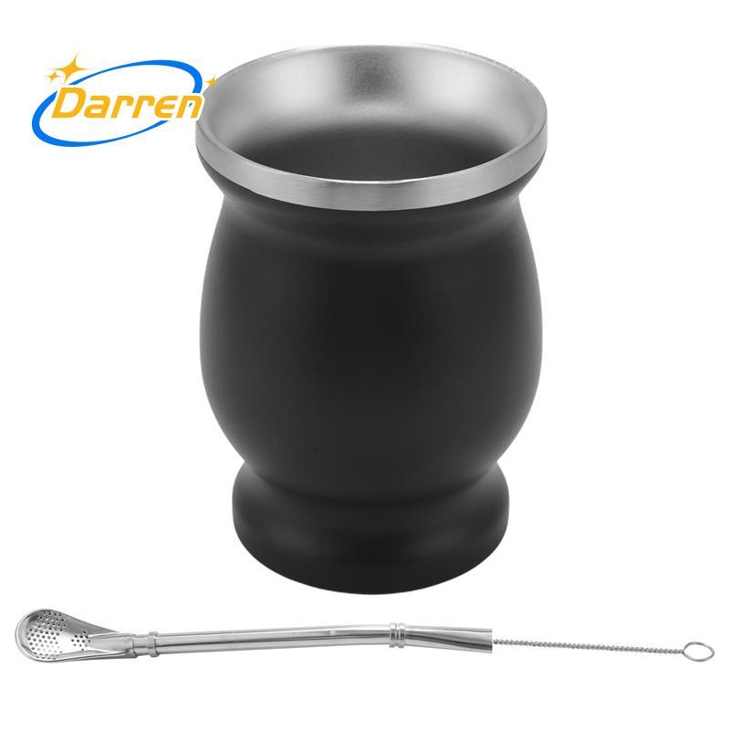 Yerba Mate Gourd Set Cốc trà không gỉ hai lớp và Bombilla 8 Ounce Bombillas Yerba Mate Straw - Đen