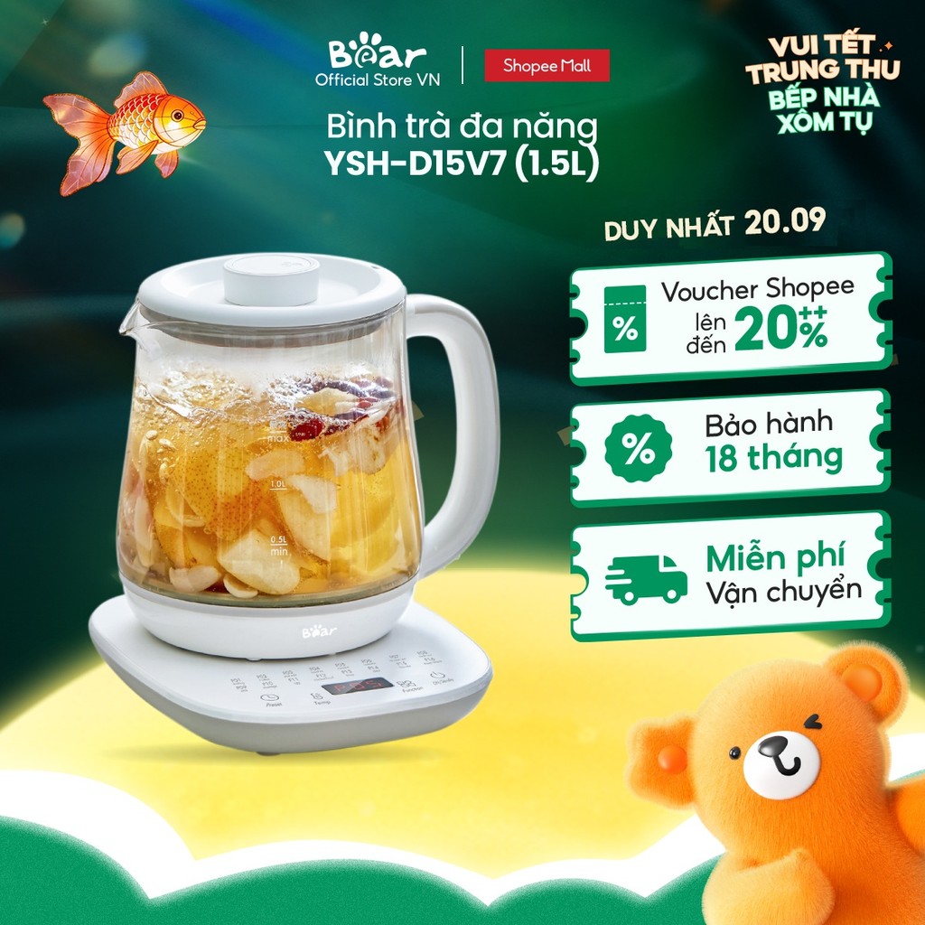 (Livestream) Ấm đun nước đa năng 1.5L Bear YSH-D15V7 - Hàng Chính Hãng