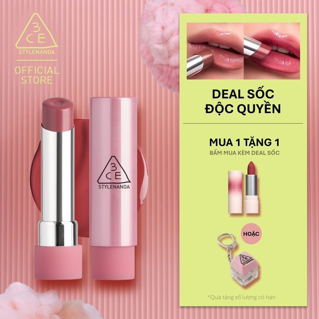 Son Bóng 3CE Glazy Lip Glow Dưỡng Môi Căng Mọng, Mềm Mịn, Lên Màu Chuẩn Sắc, Không Bết Dính, Tự Nhiên