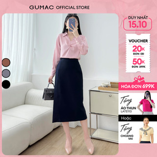 Chân váy nữ dáng suông tà đắp đính nút xẻ sau màu đen - xanh đen công sở thời trang GUMAC LVE1106