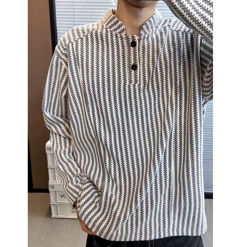 Mỹ Retro Henry Áo Sơ Mi Nam Dạo Phố Tough Guy Henry Cổ Hố Dải Áo