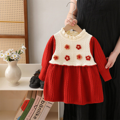 Váy Len Thu Đông Tay Dài Họa Tiết Hoa Màu Đỏ Cho Bé Gái 1-5 Tuổi MINTSCLOSET Quảng Châu - GV0366