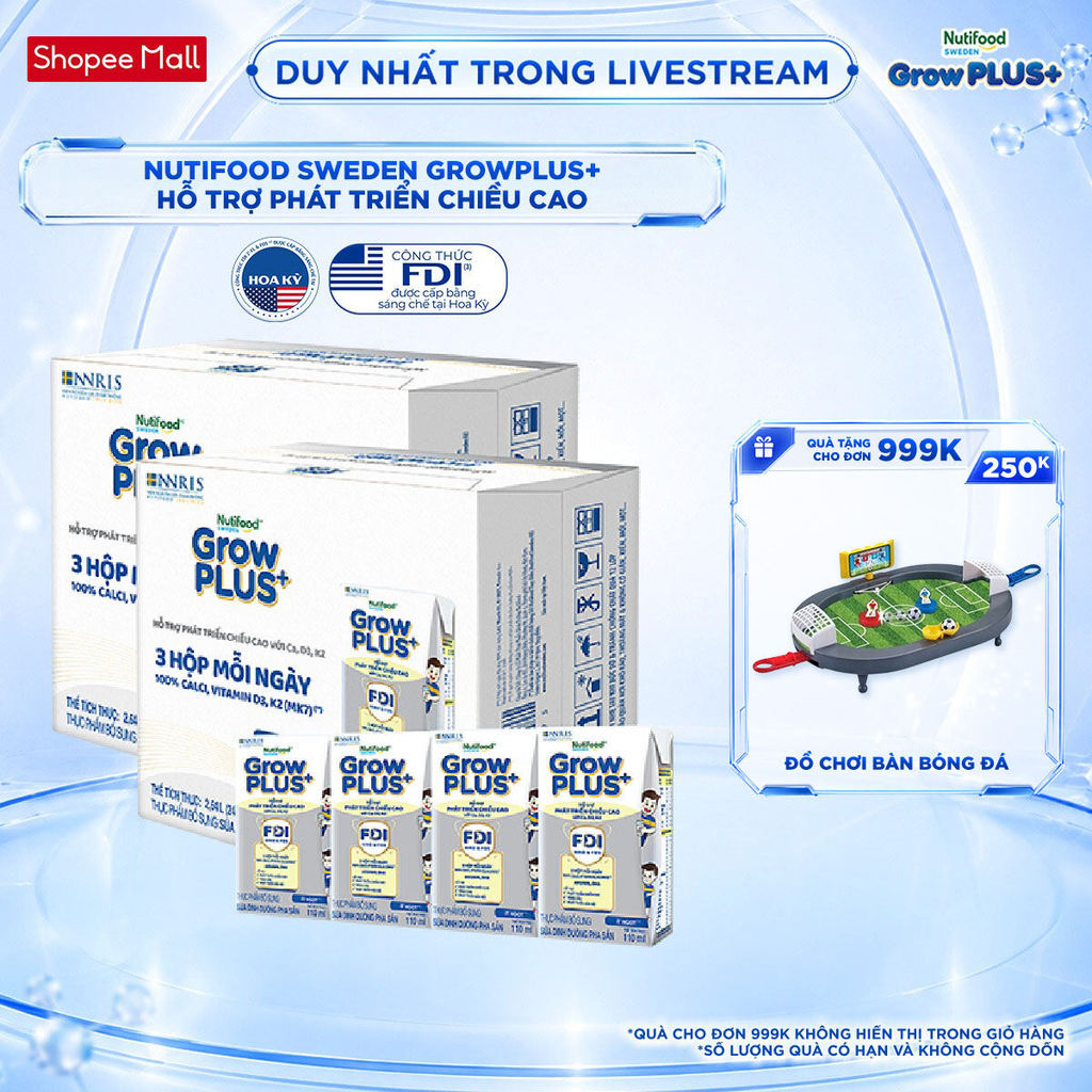 Combo 2 Thùng 24 Hộp Sữa Bột Pha Sẵn Nutifood Sweden GrowPLUS+ Cao lớn vượt trội hộp 110 ml