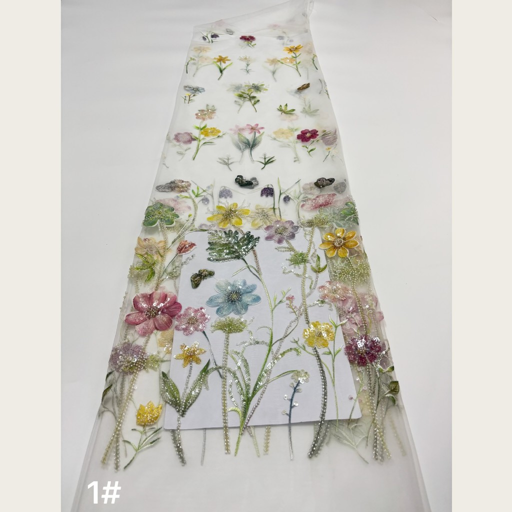 ((1 yards) Kasuga Wild Fun Ba Chiều Voan Appliqué Đính Hạt Sequin Thêu Gạc 7 Màu Dải Dọc