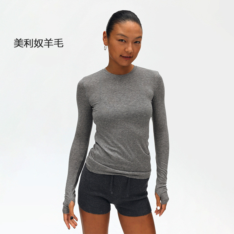 Tencel Merino Len Đáy Áo Sơ Mi Nữ Thu Đông Merino Cổ Tròn Ấm Đan Bên Trong Dài Tay Top
