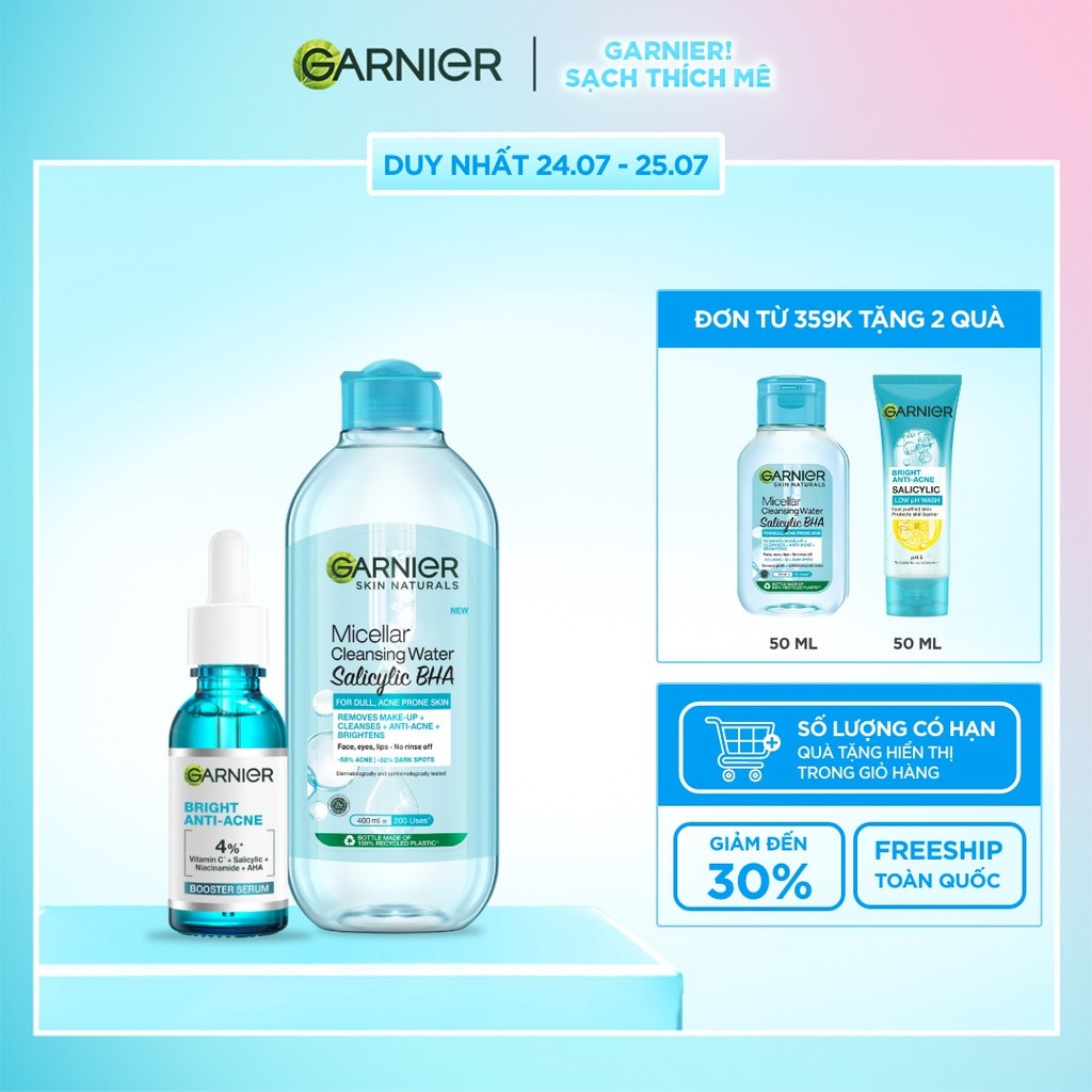 Bộ đôi dưỡng chất và nước tẩy trang làm sạch sâu, giảm mụn Garnier (mới)