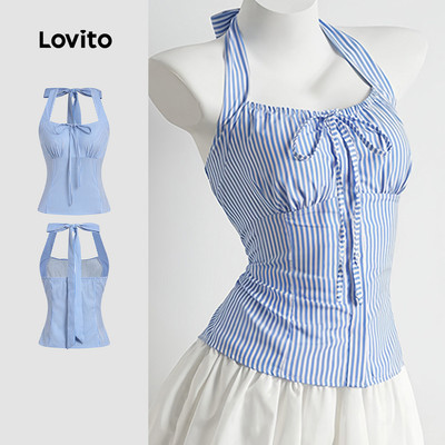 Áo nữ Lovito xanh dương xuân hè dây kéo nơ phong cách thường ngày LK5ED480