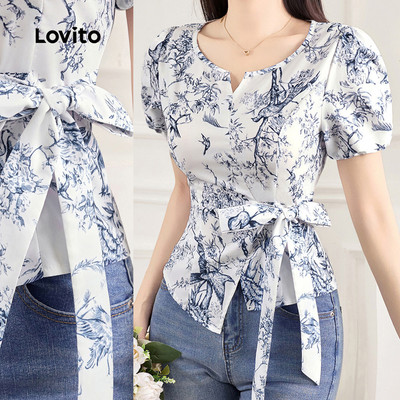 Áo Lovito thanh lịch cột nơ phong cách mùa xuân/hè màu xanh dương cho nữ L150AD886