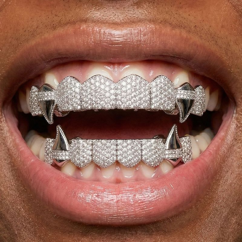 Hip Hop Grillz Răng Full Kim Cương Hip Hop Niềng Thật Mạ Vàng Ma Cà Rồng Răng Vàng Trang Sức