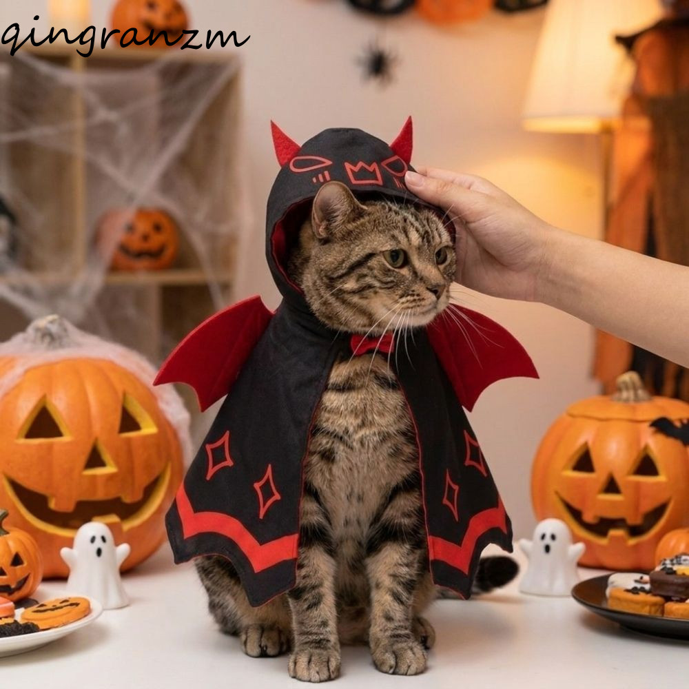NEXOR Halloween Cat Devil Bat Cloak, Áo choàng thú cưng cánh đỏ Satin đôi có thể điều chỉnh, ngộ ngh