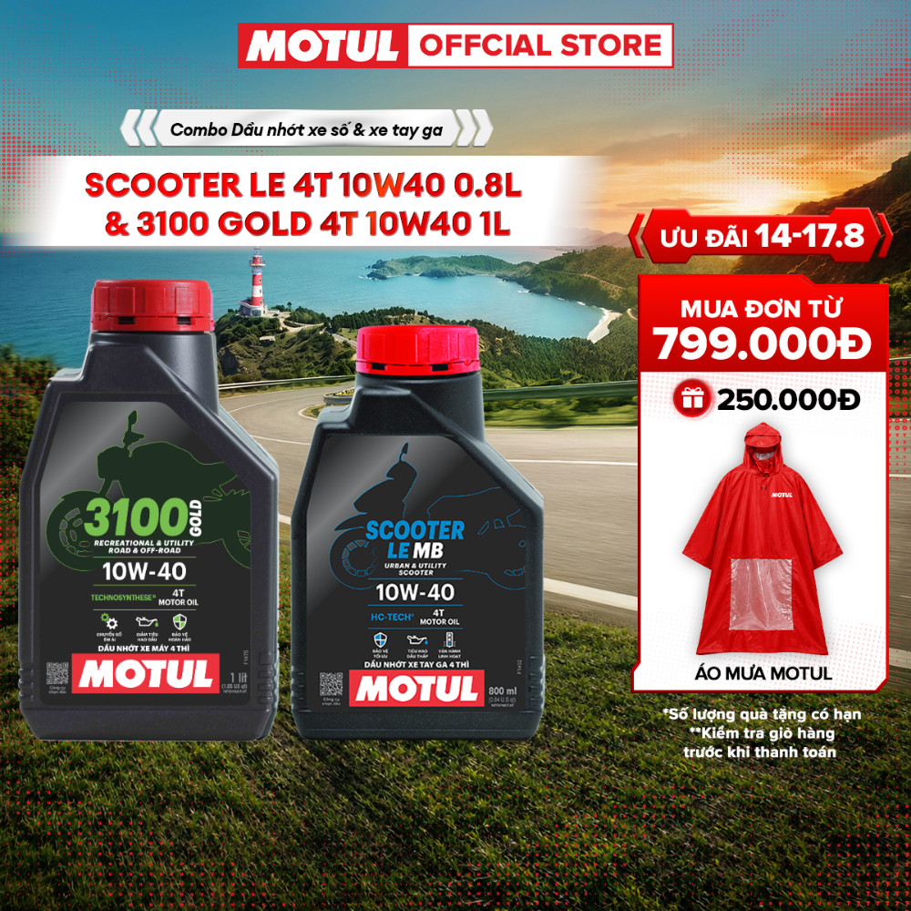 Combo Dầu nhớt xe tay ga MOTUL SCOOTER LE 4T 10W40 0.8L và Dầu nhớt xe Máy MOTUL 3100 GOLD 4T 10W40 