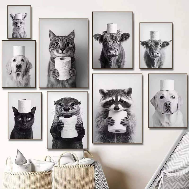 Highland Cow Otter Cat Raccoon with Toilet Paper Poster Print Canvas Painting Bathroom Wall Art Funn