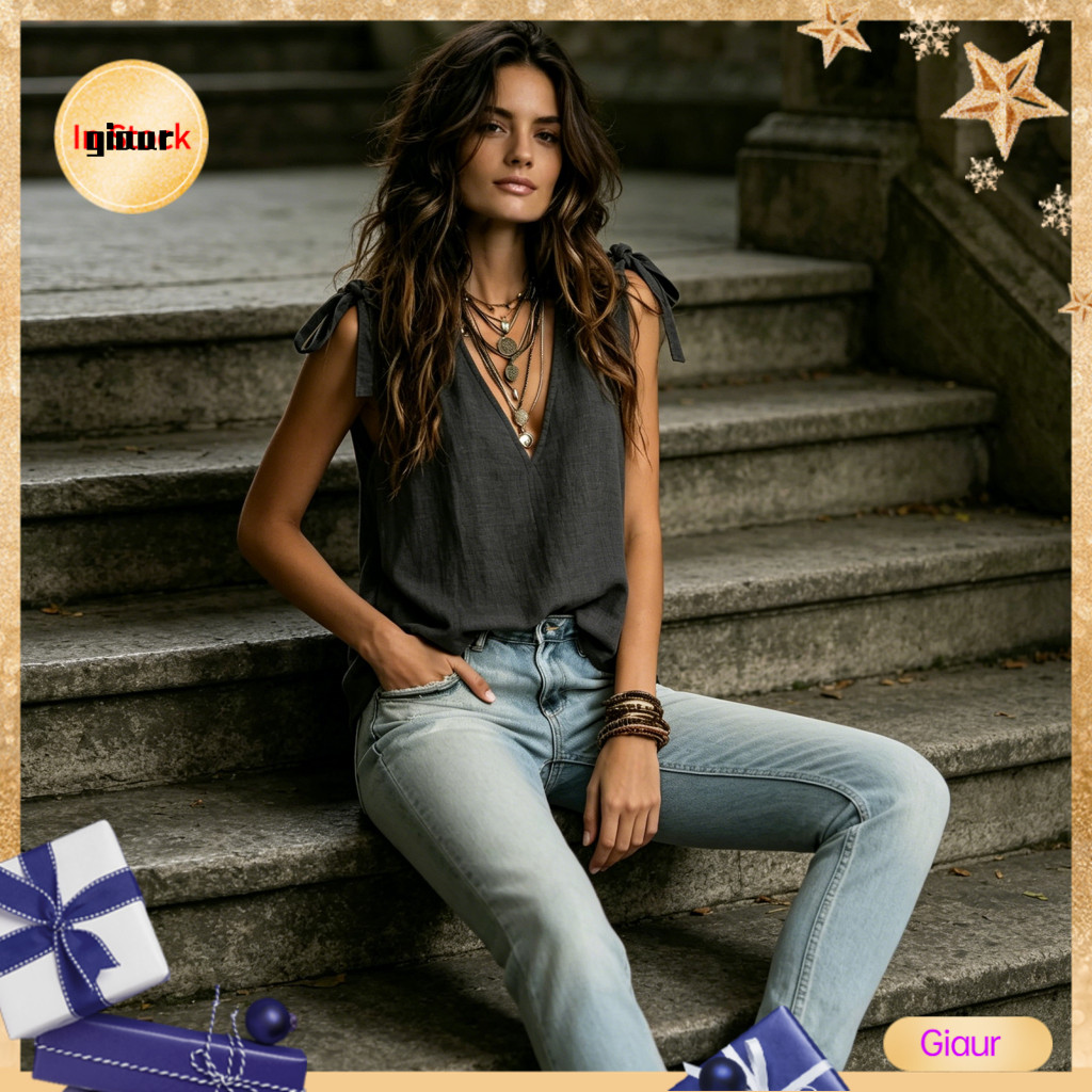 Giaurz Bohemian Áo Phong Cách Phương Tây Nữ Áo Cổ Chữ V Bohemian Áo Thắt Lưng Chi Tiết Ren-up Top Vả