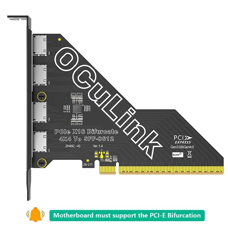 PCI ‐ E X16 Gen4 Sang 4Port SFF ‐ 8612 OCuLink Bifurcation Card Riser PCIe X16 Sang Quad SFF8612 OCu