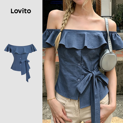 (New Arrival) Lovito Áo sơ mi nữ màu xanh dương đậm dáng rộng rãi có nút bèo nhún phong cách xuân/hè L197AD033
