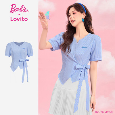 Barbie™ X Lovito thanh lịch Áo blouse nữ thêu họa tiết buộc dây phía trước thiết kế bất đối xứng màu xanh dương và trắng phù hợp mùa Xuân/Hè BLBL4PAD011