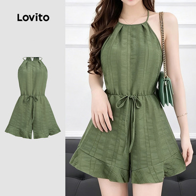 (New Arrival) Lovito Bộ Jumpsuit Nữ Thanh Lịch Buộc Dây Cổ Ruffle Hem Thoải Mái Xuân/Hè Xám Xanh L196ED224