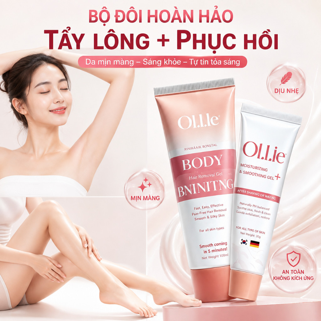 Kem Tẩy Lông OLLIE 70g + Gel Dưỡng Ẩm 30g - Combo Tẩy Lông Vùng Kín, Nách, Tay Chân, Làm Chậm Mọc Lô