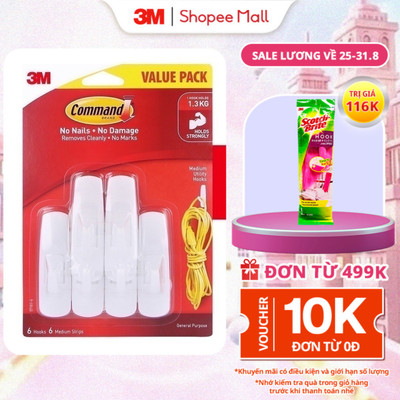 Bộ 6 Móc dán tường 3M™ Command™, 17101, độ bền cao, bám cực chắc, chịu lực 1.3kg, cỡ vừa, Dùng sắp xếp nhà cửa