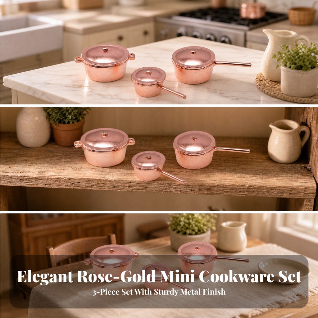 Bộ 3 Dụng Cụ Nấu Ăn Thu Nhỏ Bằng Đồng Nhỏ Gọn Kim Loại Nhà Búp Bê Nồi Có Nắp Bộ Nấu Ăn Nhà Búp Bê Dễ