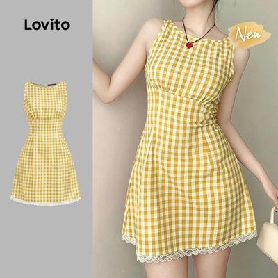 (New Arrival) Lovito Đầm Boho màu vàng tương phản đường may khóa kéo cho nữ mùa Xuân/Hè L200AD165