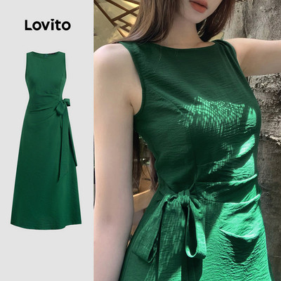 Đầm Lovito thanh lịch phong cách bất đối xứng mùa xuân/hè màu xanh lá đậm cho nữ L150AD735