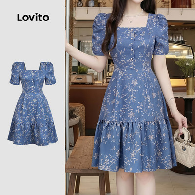 Đầm nữ Lovito xanh dương xuân hè dây kéo xếp nếp phong cách thường ngày LK6ED154