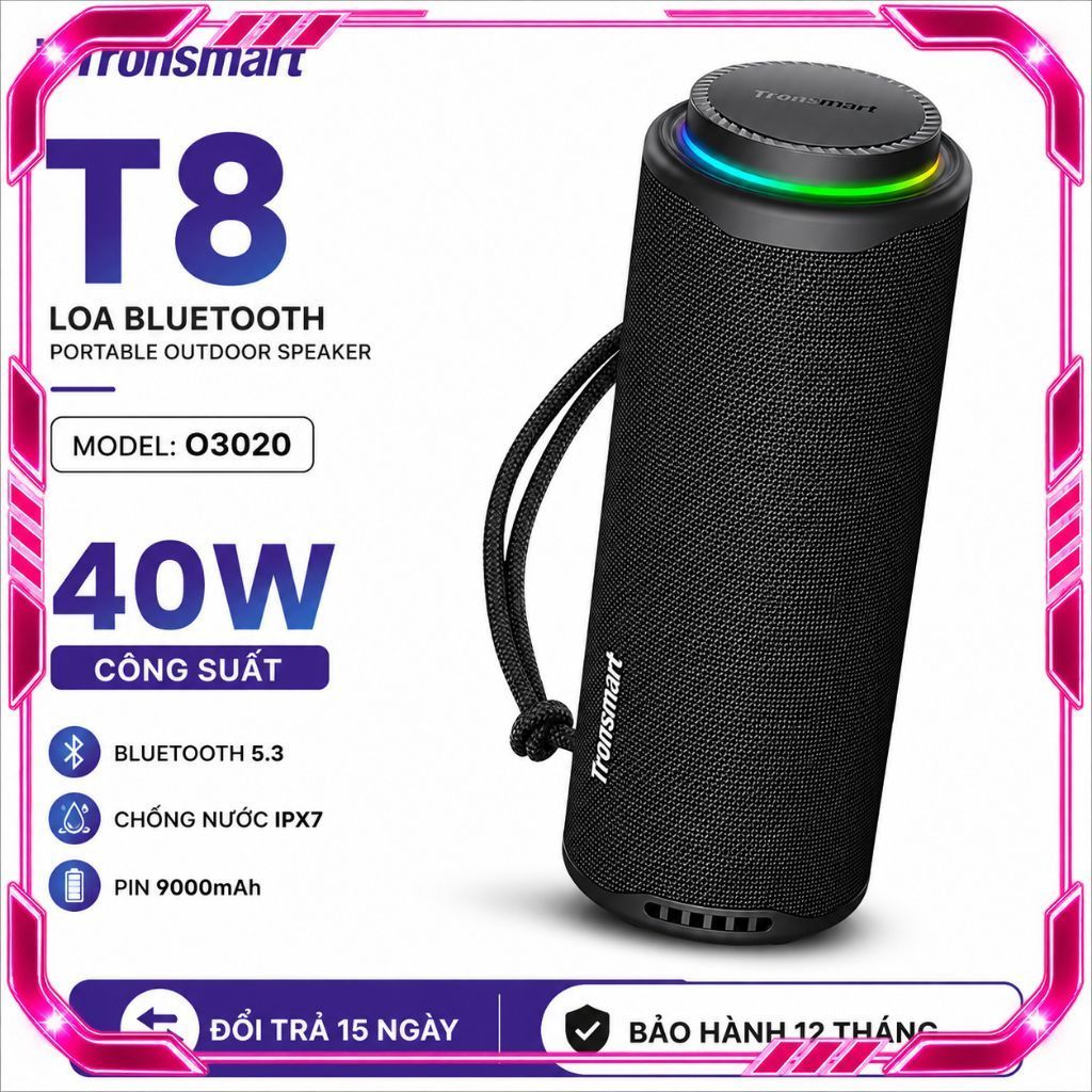 Loa Bluetooth Tronsmart T8 Công Suất 40W, Bluetooth 5.3, Chống Nước IPX7, Pin 9000mAh, Đèn LED RGB, 