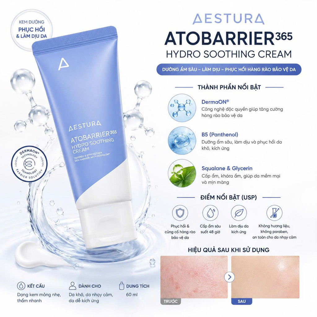 Kem dưỡng ẩm phục hồi dạng gel, làm dịu AESTURA ATOBARRIER365 Hydro Soothing Cream 60ML