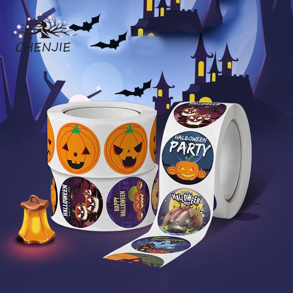 CHENJIE 500 Cái / cuộn Miếng Dán Bí Ngô Halloween, Nhãn Halloween Tự Dính Ma, 500 Cái / Cuộn Bí Ngô 