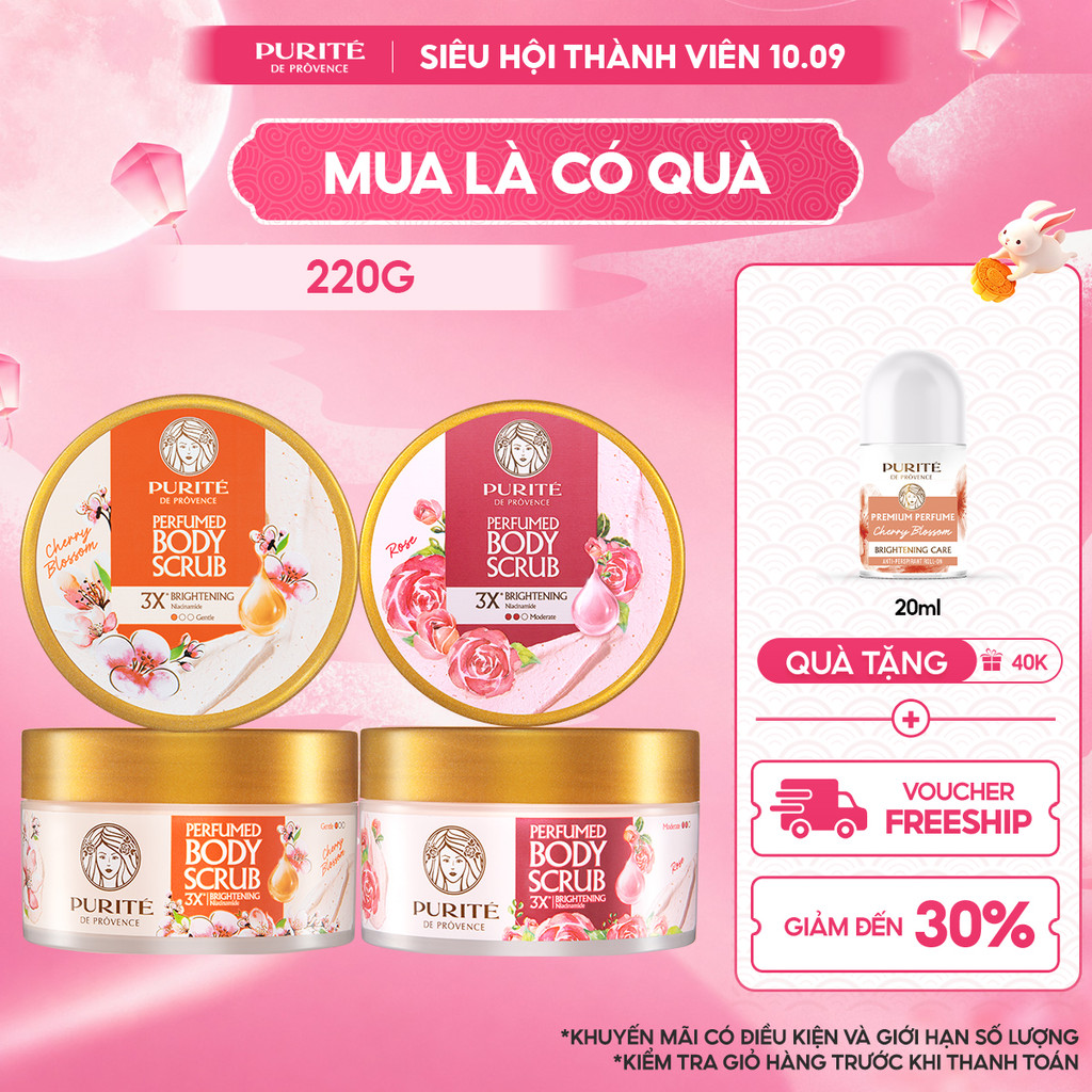 Tẩy Tế Bào Da Chết Dưỡng Sáng PURITÉ Hương Nước Hoa Hoa Anh Đào/ Hoa Hồng 220G